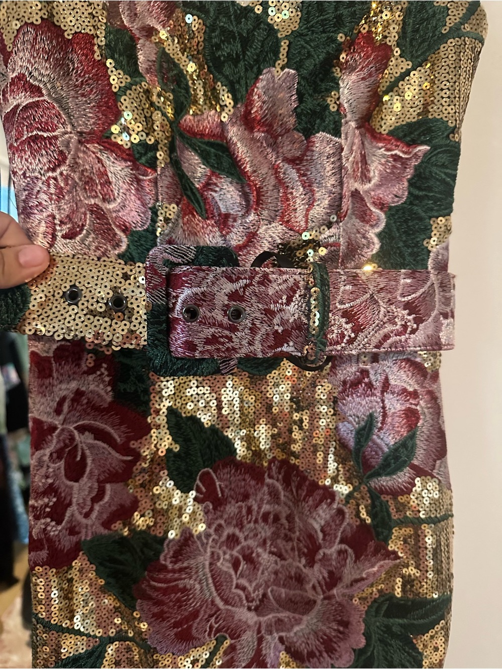 Dress the Population Sequined Floral Midi Dress in Green, Pink & Gold - Picture 3 of 4